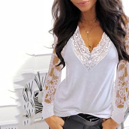 V-neck Lace Long Sleeve T-shirt for Women Spring Winter Clothes Y2K Casual Plus Size Sexy Solid Black Tee Shirt Office Lady Top