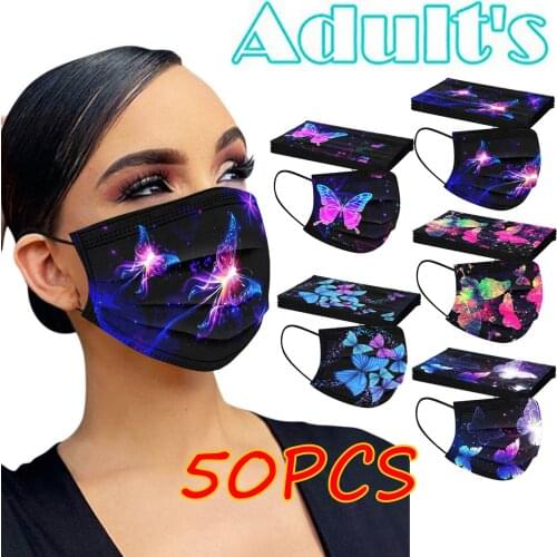 Cosplay Bandana 50pcs Disposable Masks Adult Fashion Butterfly Printed 3ply Filters Mouth Cover For Face Halloween Cosplay