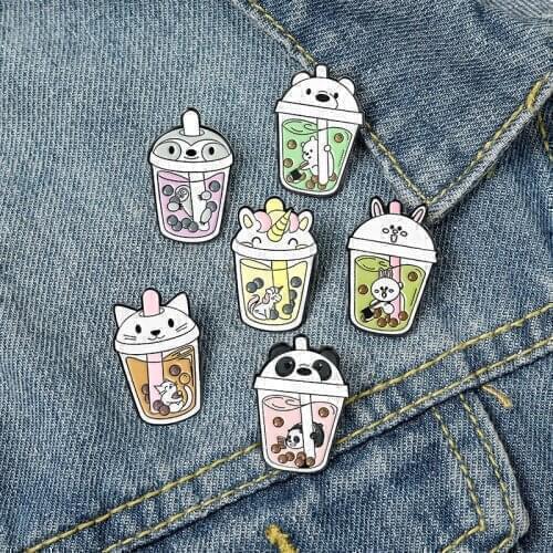 Cute Cartoon Bubble Tea Enamel Brooches Cat Bunny Unicorn Panda For Women Girls Animals Badge Clothes Lapel Pins Jewelry Gift