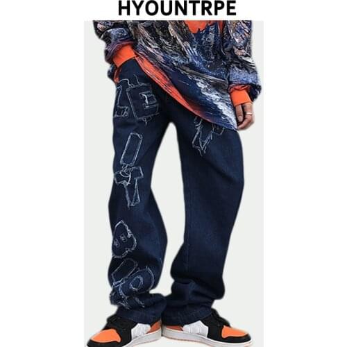 Mens High Street Patchwork Denim Jeans Pants Casual Straight Jeans New Fashion Zipper Streetwear Trousers Hip Hop Pants Joggers