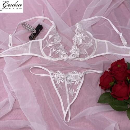 New Ladies Embroidered Lace Underwear and Thong 2-Piece Set Summer Thin Transparent Push Up Bra and Panties Woman Sexy Lingerie