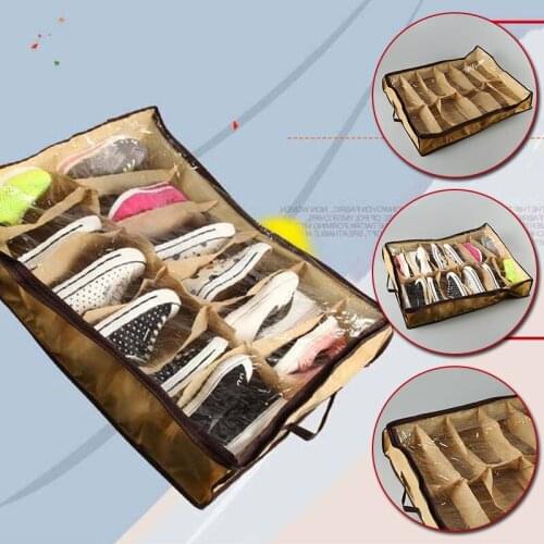 12Pair Under Bed Shoes Organizer Storage Holder Shoes Storage Box Tidy Bag Rack Pockets Socks Storage Box Clothing Organizer New