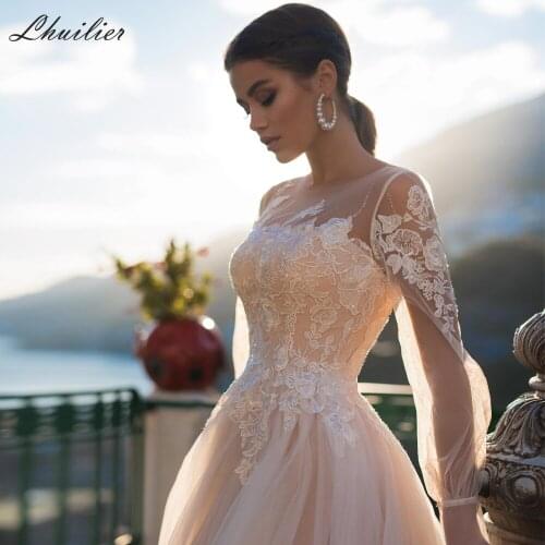 Lhuilier A-line Lace Appliques Wedding Dresses 2020 Scoop Neck Floor Length Full Sleeves Sweep Train Tulle Bridal Dress