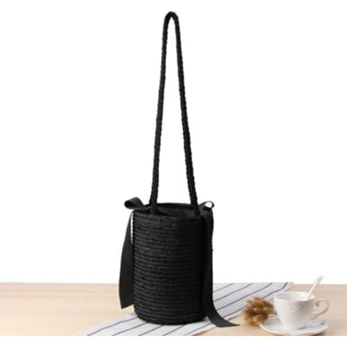 National wind shoulder bucket woven bag ribbon solid color hand-woven bag diagonal summer vacation beach leisure bag