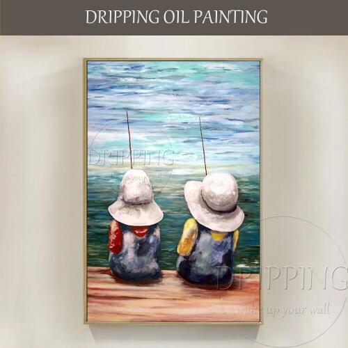 Pure Hand-painted High Quality Children Fishing Oil Painting on Linen Canvas Handmade Impressionist Kids Fishing Oil Painting