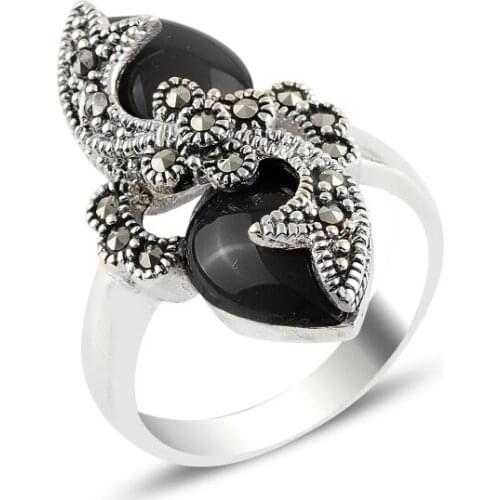 Silver 925 Sterling Onyx & Marcasite Ring
