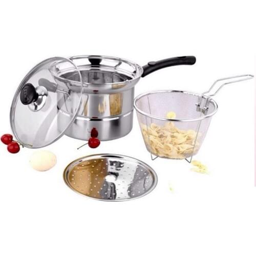 Fryer Pan with steamer, Flat Bottom Pot, Mini Frying wok, Fire Gas electric Cooker, Stainless steel, Glass cover