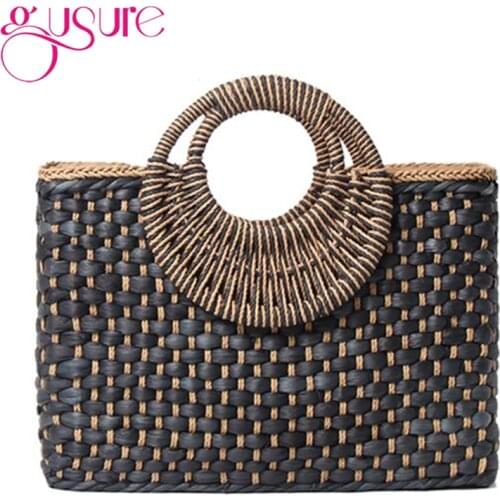 Gusure Straw Handbag Women 2021 New Straw Beach Bag Hand-Woven Simple Wild Summer Vacation Travel Trend Retro Casual Rattan Bag