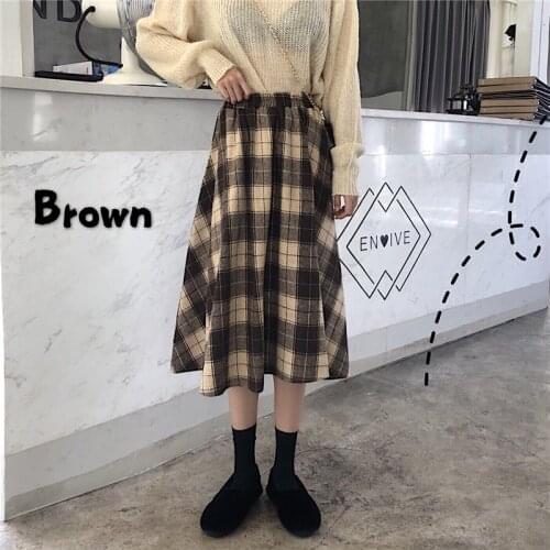 Vintage Plaid Pleated Long wool Skirts Winter Women Punk Rock Korean Woolen Skirt Streetwear Drawstring Elastic Waist Midi Skirt
