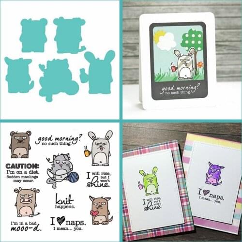 Cutting Dies With Clear Stamps Set Cartoon Mouse Rabbit Cow Animal CAUTION Words Cutout For DIY Craft Decor Album 2020 New