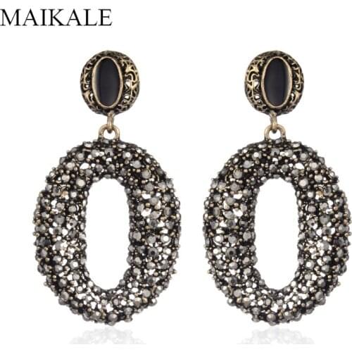 MAIKALE Vintage Big Round Circle Alloy Drop Earrings for Women Black Rhinestone Exaggerated Long Earring Party Jewelry Gifts