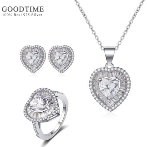 Luxury Pure 925 Sterling Silver Bridal Jewelry Sets Love Heart Zircon Necklace Earrings Ring Accessories Gift For Women Party