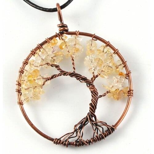 100-Unique 1 Pcs Copper Plated Wire Wrapped Original Yellow Citrines Crystal Pendant Necklace Tree of Life Jewelry