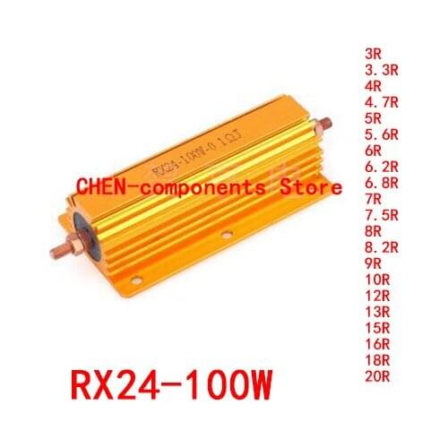5PCS RX24 100W Gold aluminum shell resistor 3R 3.3R 4R 4.7R 5R 5.6R 6R 6.2R 6.8R 7R 7.5R 8R 8.2R 9R 10R 12R 13R 15R 16R 18R 20R