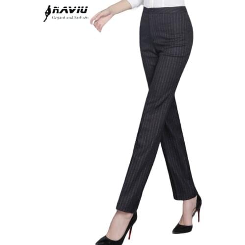 Autumn New Fashion Straight Pants Women Slim Formal Office Stripe Trousers Black Navy Blue