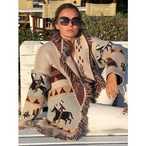 Jastie Retro Jacquard Pattern Women Sweater Cardigan Jacket 2021 Autumn Winter Sweater Jacket Lapel Tassel Long Sleeve Cardigans