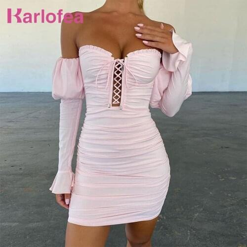 Karlofea Cute Puff Sleeve Mini Dress Female Sexy Nightclub Party Outfits Dresses Chic Hollow Out Lace Up Bodycon Ruched Wear New
