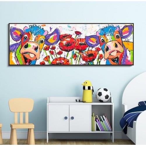 Colorful Cow in the Flowers Canvas Paintings Abstract Animal Posters and Prints Art Wall Picture For Living Room Home Wall Decor