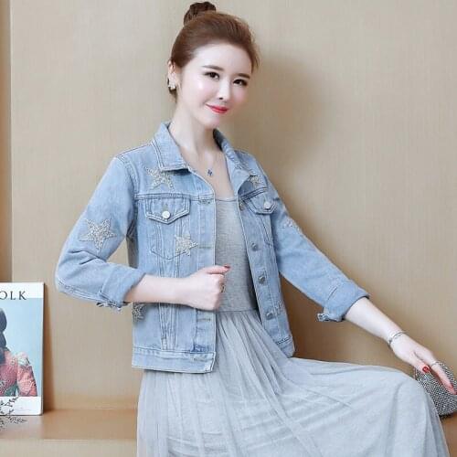 2020 Spring and Autumn Coat New Womens Baseball Uniform Korean Embroidered Denim Jacket Female Short Slim Jeans Jaqueta K514