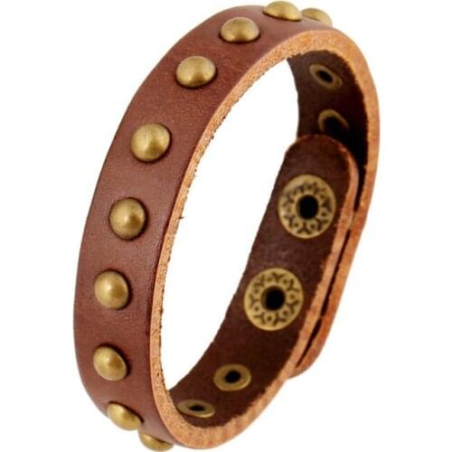 Fashion Vintage Women Men Leather Bracelet Chain Alloy Round Rivets Charm Cuff Bangle Retro Rock Wristbands Punk Casual Jewelry