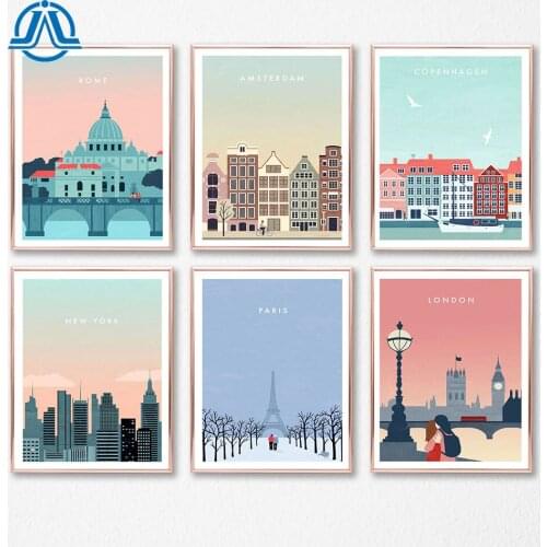 Cartoon Landscape Canvas Painting Architecture Posters And Prints Travel Wall Art Picture For Living Room On The Wall Home Decor
