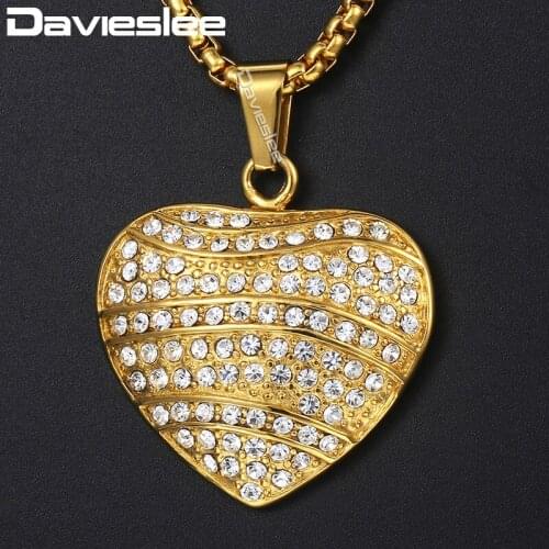 Davieslee Mens Pendant Necklace Iced Out Full CZ Heart Shape Gold Tone Stainless Steel Pendant Necklaces For Men Gift 3mm DKN591