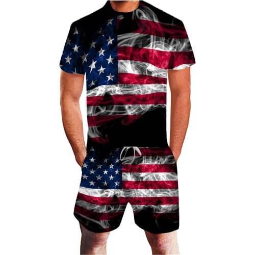 64# Mens Two Piece Set Summer American Flag Loose Casual 3d Digital Printing Independence Day Sports Suit Camiseta Hombre 2021