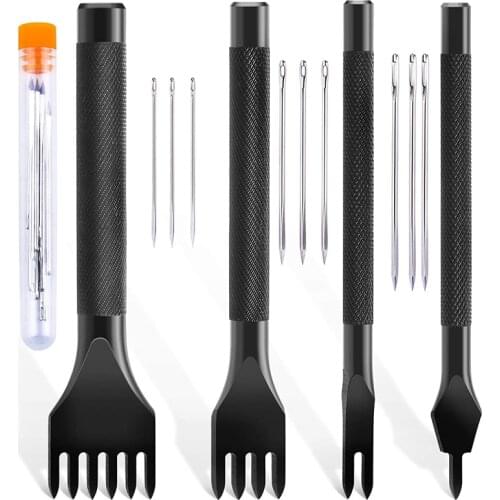 LMDZ Leather Craft Tools Kit Black Steel Chisel 3/4mm Prong Lacing Stitching Punch 1/2/4/6 Hole Punch Tool Hand Sewing Needle