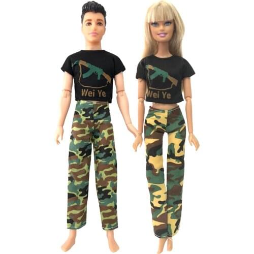 NK 2 Pcs/Set Soldier Outfit Long-sleeved Couple Doll Clothes For Barbie Doll Accessories Boy &Girl Toy Ken Doll Suit 04A 5X