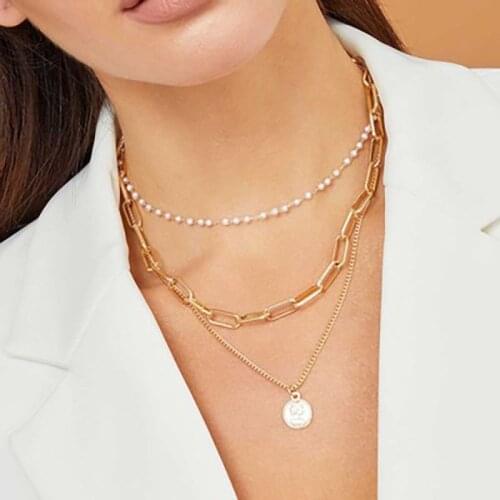 Punk Multilayer Thick Chain Necklace Simulated Pearl Choker Necklace for Women Statement Coin Pendant Necklace Collares Jewelry