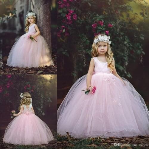 Floor Length Flower Girl Dresses Puffy Pink Tulle Ball Gowns Little Girls Pageant Dress Square Neckline Sleeveless Holy Communio