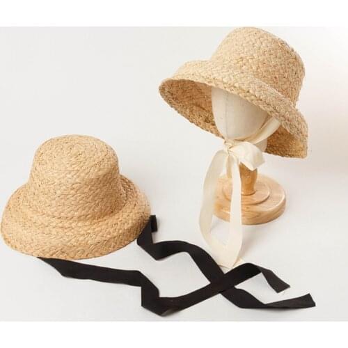 Parent-child Hand-made Raffia Retro Flat Top Sun Hats Girls And Boys Summer Travel Sunscreen Women Straw Hat With Lacing Ribbon