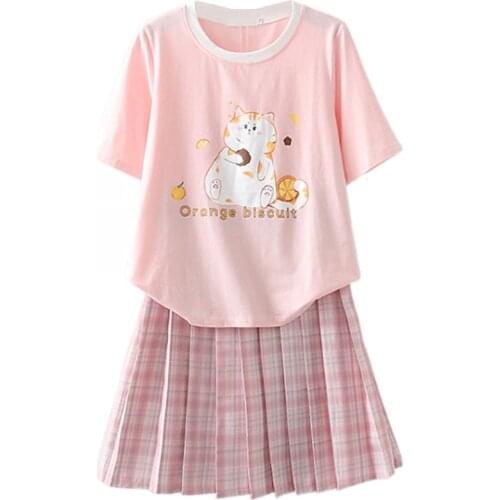 Sweet Style Women Casual Dress Short Shorts T Shirt And Hight Waist Plaid Mini Pleated Skirts 2021 Summer 2 Piece Set Clothes