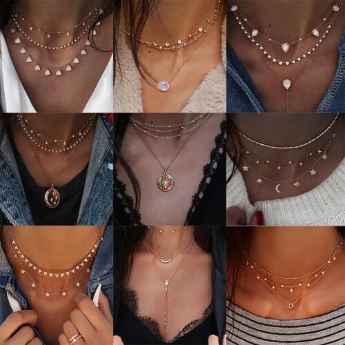 Boho Retro Multi-element Crystal Pendant Necklace For Women Fashion Shiny Star Moon Multi layer Necklaces Jewelry Party Gift