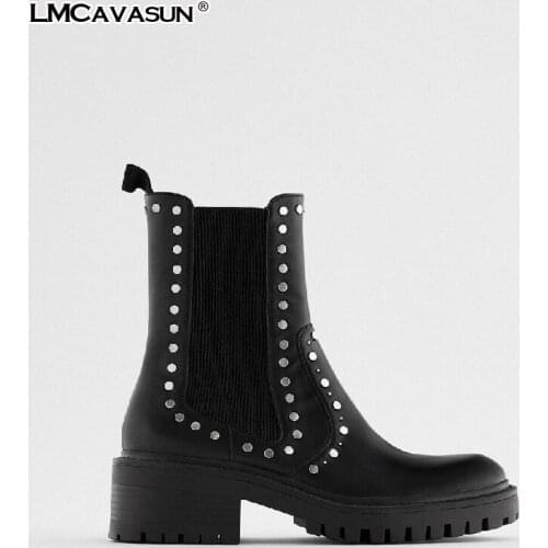 LMCAVASUN Sexy Rivet Boots Women Platform Boots Black Leather Gothic Punk Style Combat Boots For Women Mid Heels boots