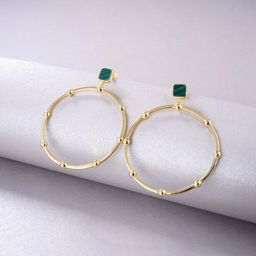 Natural green malachite earrings women high jewelry s925 sterling silver fashion retro big round earrings