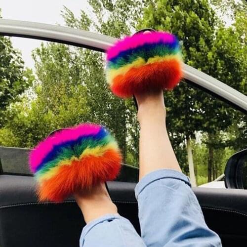 Womens Real Fox Fur Slippers Plush Girls Fluffy Slides Ladies Furry House Shoes Female Luxury Indoor Flip Flops Plus Size35-45