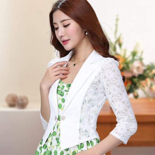 Spring Women Fashion White Short Slim Blazer Hollow Lace Three Quarter Sleeve Casual Jacket Office Ladies Work Wear X277