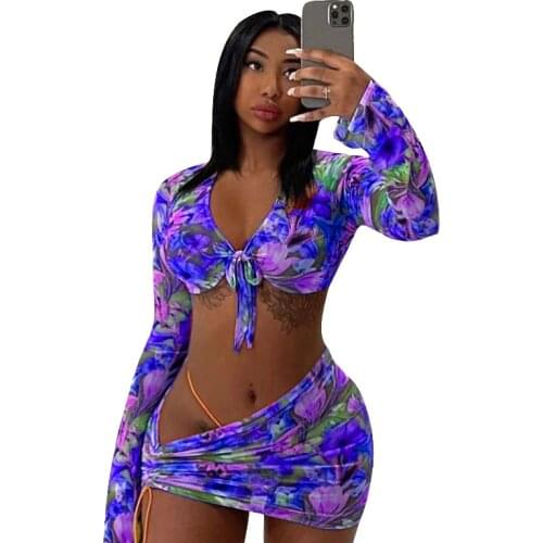 Sexy Print Floral Women Skirt Set Full Sleeve Crop Top + Mini Dress Tracksuit Summer Clothes For Women