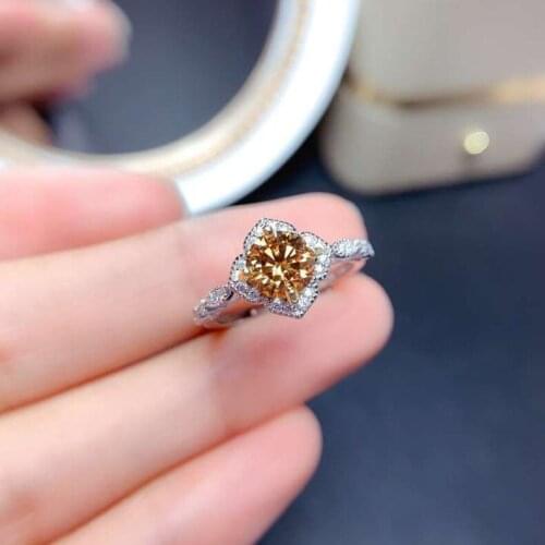 Luxury 925 Sterling Silver Female Champagne Stone Rings Fashion Diamond Finger Rings For Women Wedding Engagement Flower Rings