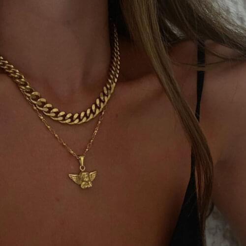 2020 New Fashion Angel Pendant Necklace Multilayer Gold Silver Color Metal Chain Necklace Collar Women Punk Hip-hop Jewelry