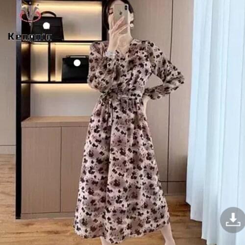 2021 Autumn Print Floral Chiffon Dresses Woman Loose Oversized Lady vestidos Black Dress Long Sleeve Female Clothing Robe KE1735