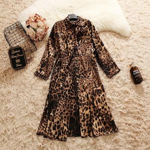 2021 spring new female chic Leopard Single-breasted chiffon straight dresses womens long sleeve split elegant dress