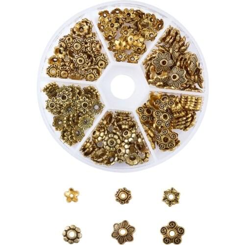 1Box Mixed Style Tibetan Style Alloy Flower Bead End Caps, Antique Golden, 7~10x4~10mm, Hole: 1~2mm; about 30pcs/compartment
