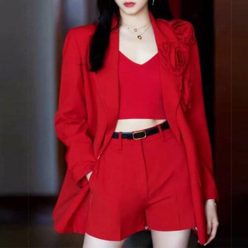 2021 Autumn Shorts Two Pieces Set Women Red Black 3D Flowers Suit Jacket +with Belt Shorts Suit Offices Lady