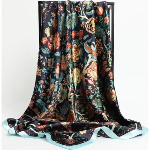 2021 Fashion Silk Square Scarf for Women Hair Band Soft Neckerchief Vintage Hijab Flower Print Headscarf Female Pashmina Bandana