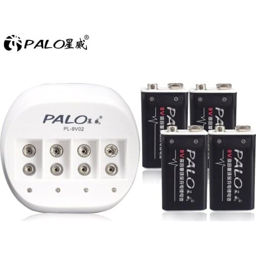 PALO 4pcs 600mAh 9V Li-ion Batteries with 9V Battery Charger for Rechargeable 9V 6F22 Lithium Li-ion Battery