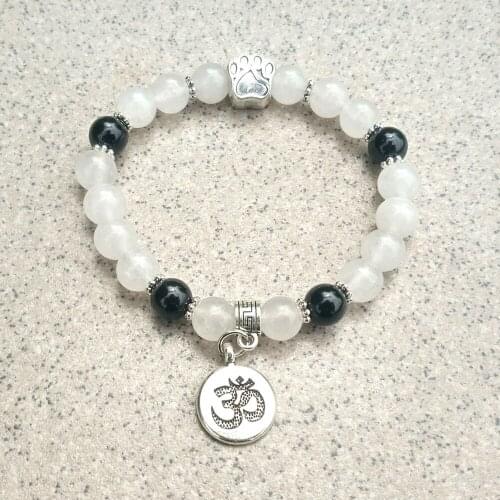 8MM White Black Natural Stone Beads Bracelet Dog Paw Footprint Strand OM Charms Bracelet Yoga Elastic Strand Jewelry