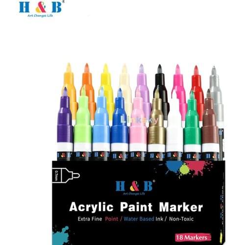 H & B Acrylic Paint Pens for Rock Painting, 18 Vibrant Colors, Fine Tip,Water Based, Quick-Dry, Great Gift for for Craft Making
