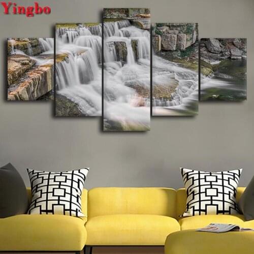 Waterfall Landscape Diamond Embroidery 100% round drill 3d Picture Of Rhinestones Mosaic diamond painting Full Square New 5 Pcs